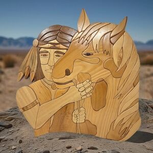 Bill Boyer 1991 Vintage Intarsia Native American Indian & His Horse Wood Art